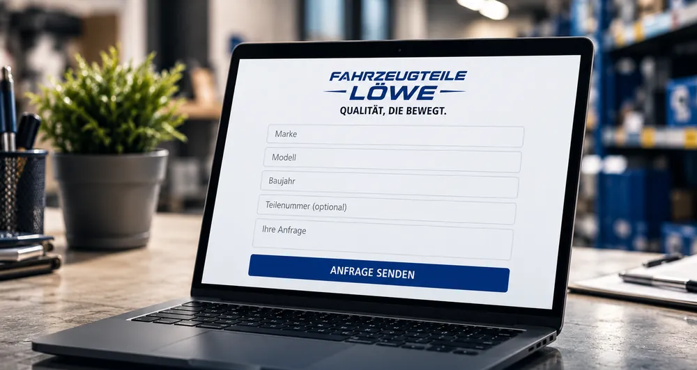 Laptop mit dem Anfrageformular von Fahrzeugteile Löwe: Marke, Modell, Baujahr, Teilenummer und Anfrage