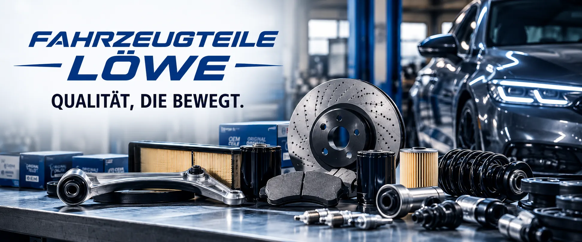 Fahrzeugteile Löwe – Qualität, die bewegt: Bremsscheibe, Filter, Querlenker und Stoßdämpfer vor einem Auto in der Werkstatt
