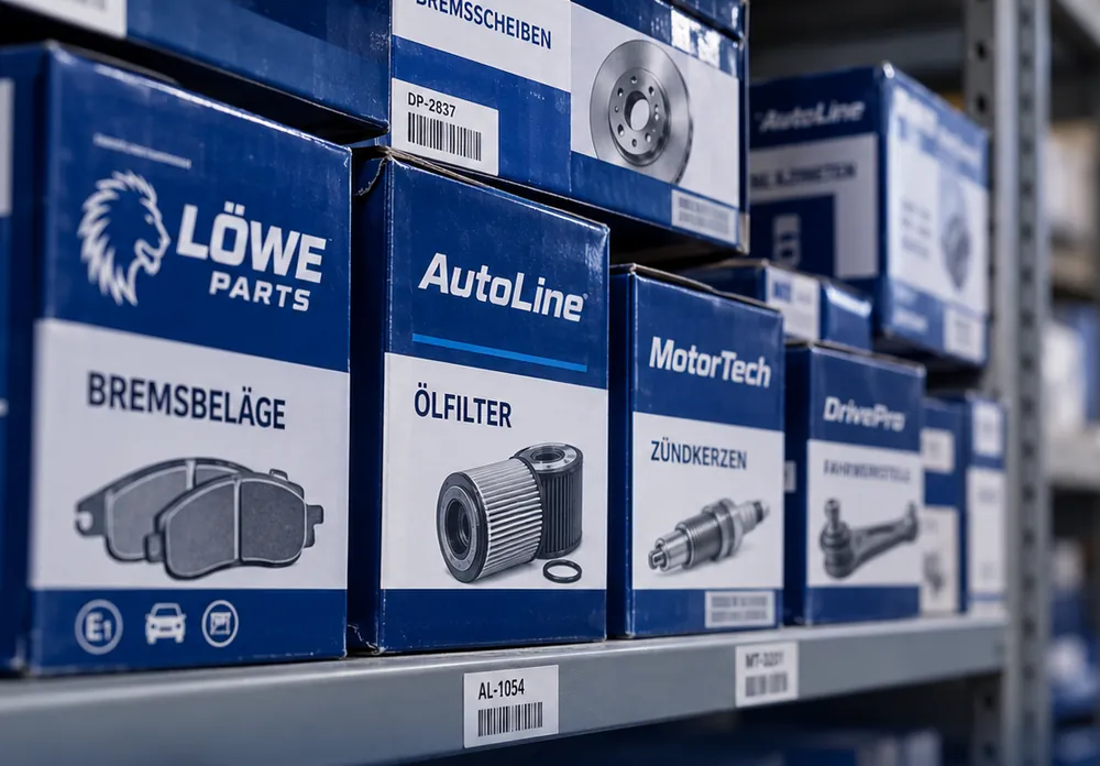 Regal mit Bremsbelägen, Ölfiltern, Zündkerzen und Fahrwerksteilen in Markenverpackungen