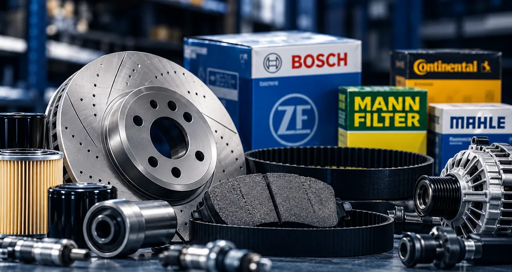 Bremsscheiben, Bremsbeläge, Filter und Zahnriemen vor Kartons bekannter Markenhersteller
